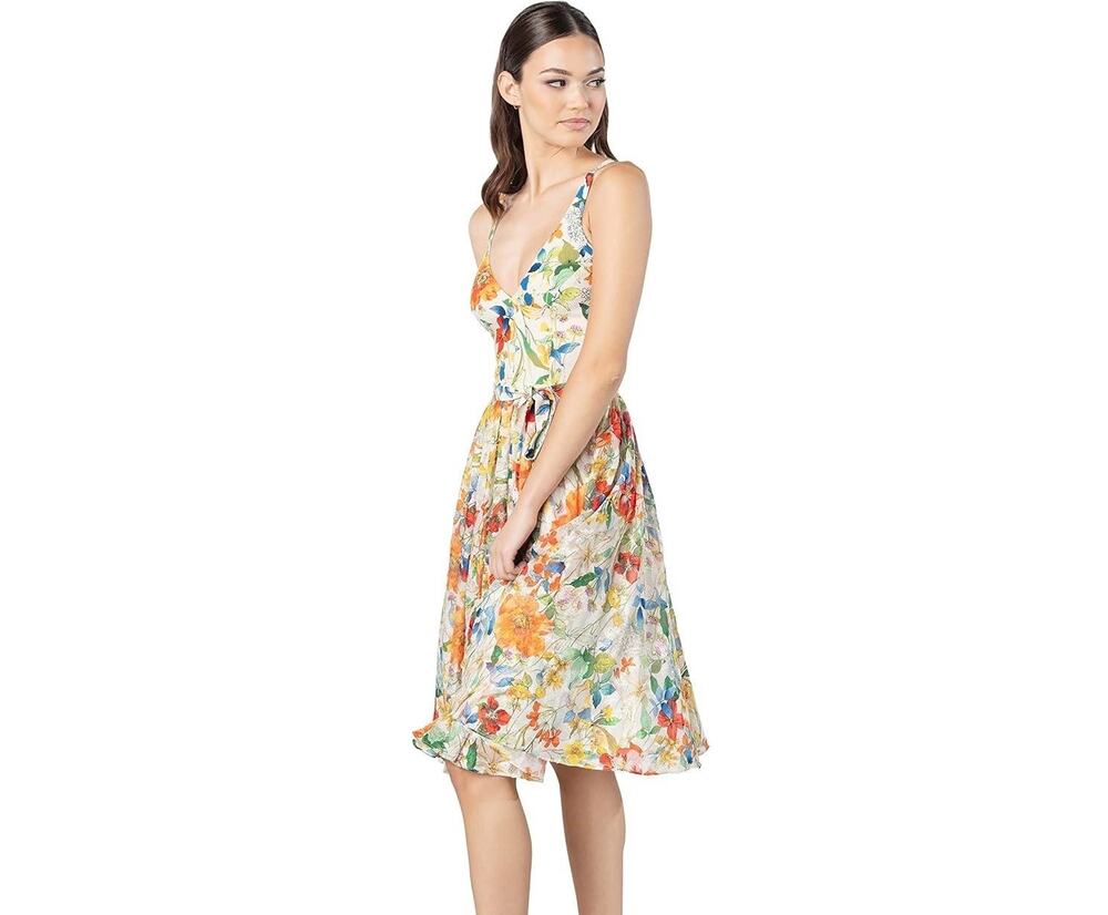 Dress the Population Alicia L NWT Canary Multi Floral Fit Flare Midi Sleeveless